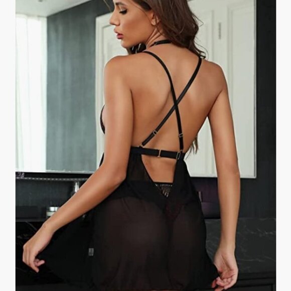 Sexy Lace Babydoll Lingerie with Choker Chemise Nightgown Cut Out Back 2PCS - Picture 9 of 11